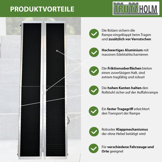 Twee opvouwbare aluminium opritten met zwart antislipoppervlak, met productvoordelen.