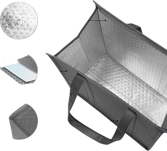 3 stuks - Geïsoleerde tas - Opbergzak - Draagbare Isothermische Tas - Opvouwbare Koel-/Warmtetas met Handvat - Binnenzak van Aluminium Folie - Voor Boodschappen, Picknick en Maaltijdbezorging - Grijs — afbeelding 5