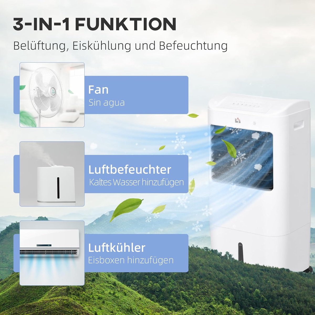Mobiele Airco - Luchtkoeler Bevochtiger - Ruimte Koelen - 3-in-1 Functie - 37 x 32 x 78 cm - Wit — afbeelding 3