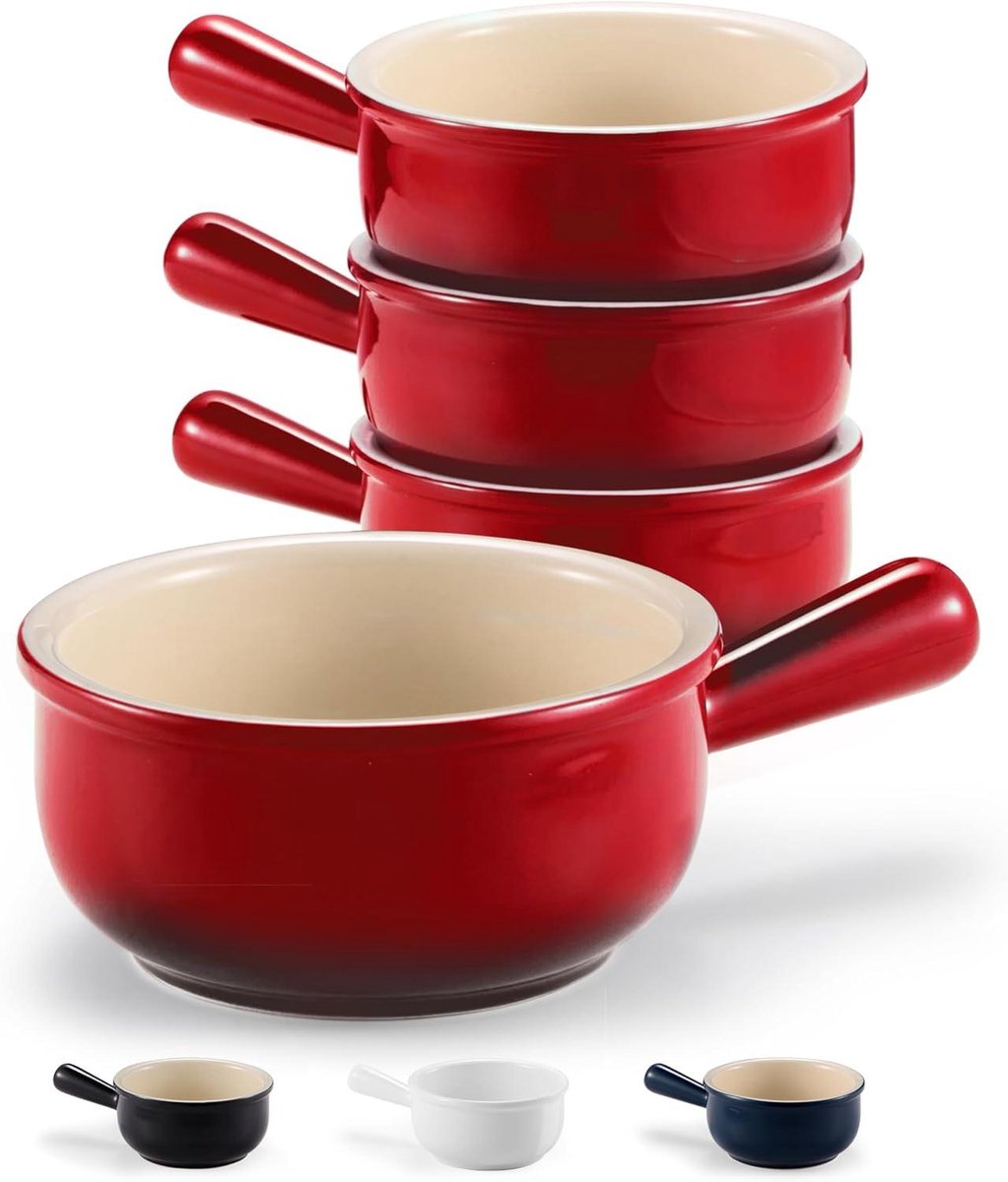 KooK French Onion Soup Bowls, French Onion Crocks, Bowl with Handles, 443 ml, Set of 4, Ceramic Bowls, Microwave, Dishwasher Safe and Oven Safe, Stoneware (Red Obré)