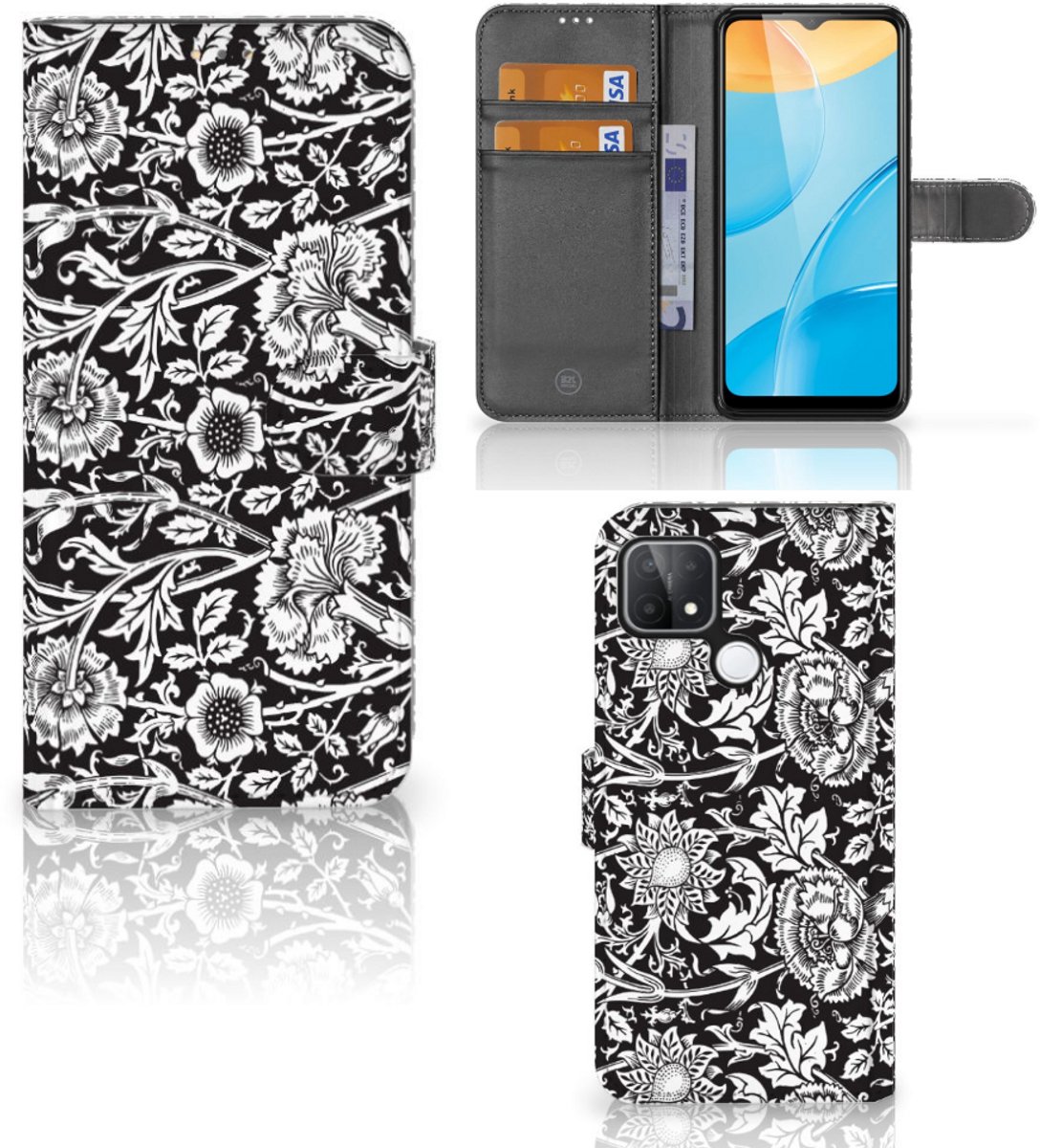 OPPO A15 Hoesje Black Flowers