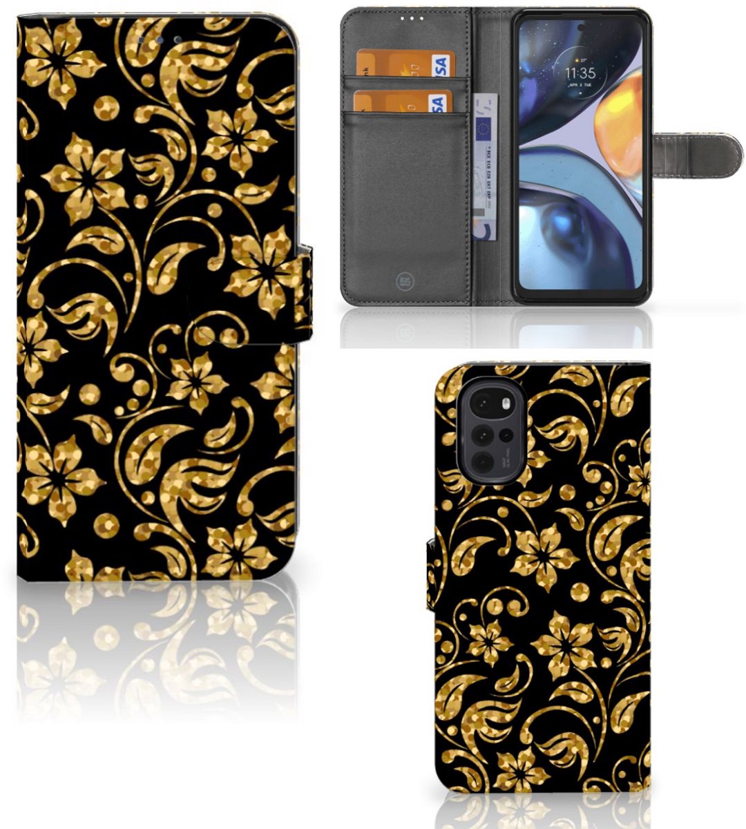 Motorola Moto G22 Hoesje Gouden Bloemen
