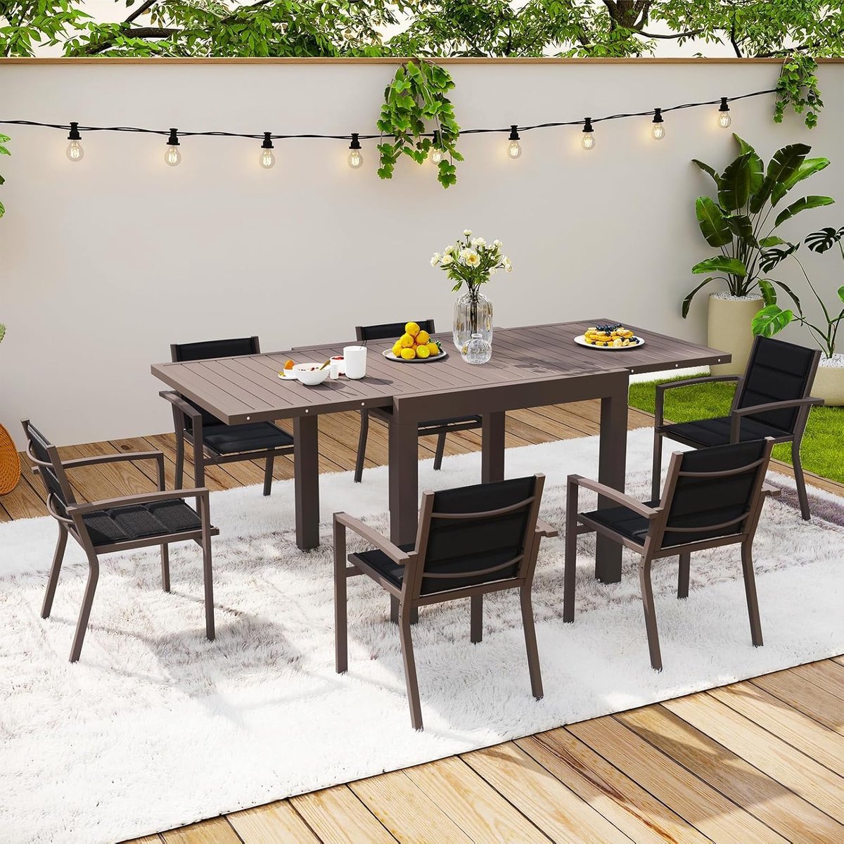 Tuinmeubelset 6 Personen – Uittrekbare Tafel 80-160x80x75 cm – Aluminium – Stapelbare Stoelen met Kussens – Weerbestendig & Onderhoudsvriendelijk – Bruin – Nicolehome