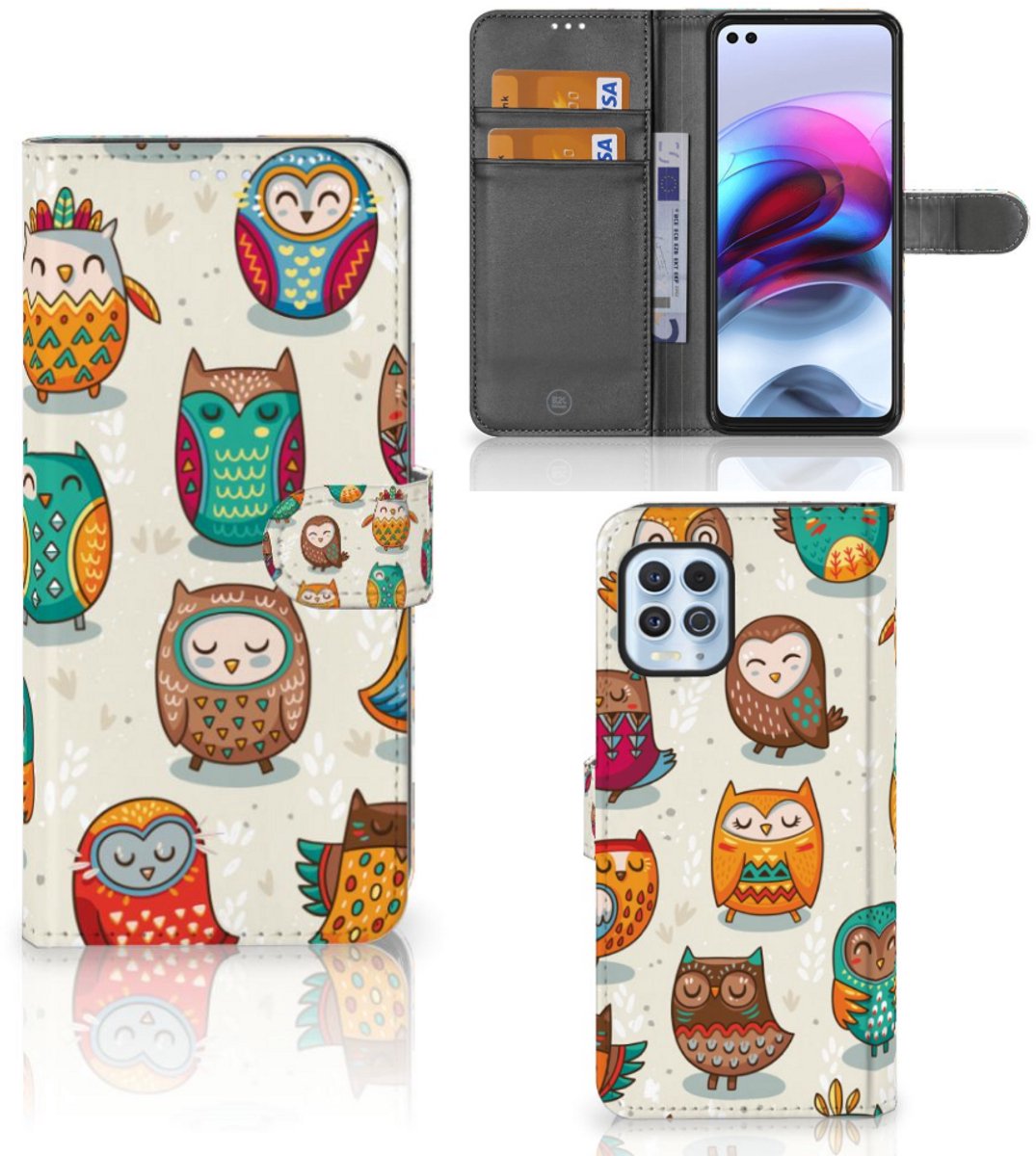 Boekhoesje voor Motorola Moto G100 Telefoonhoesje met Pasjes Vrolijke Uilen
