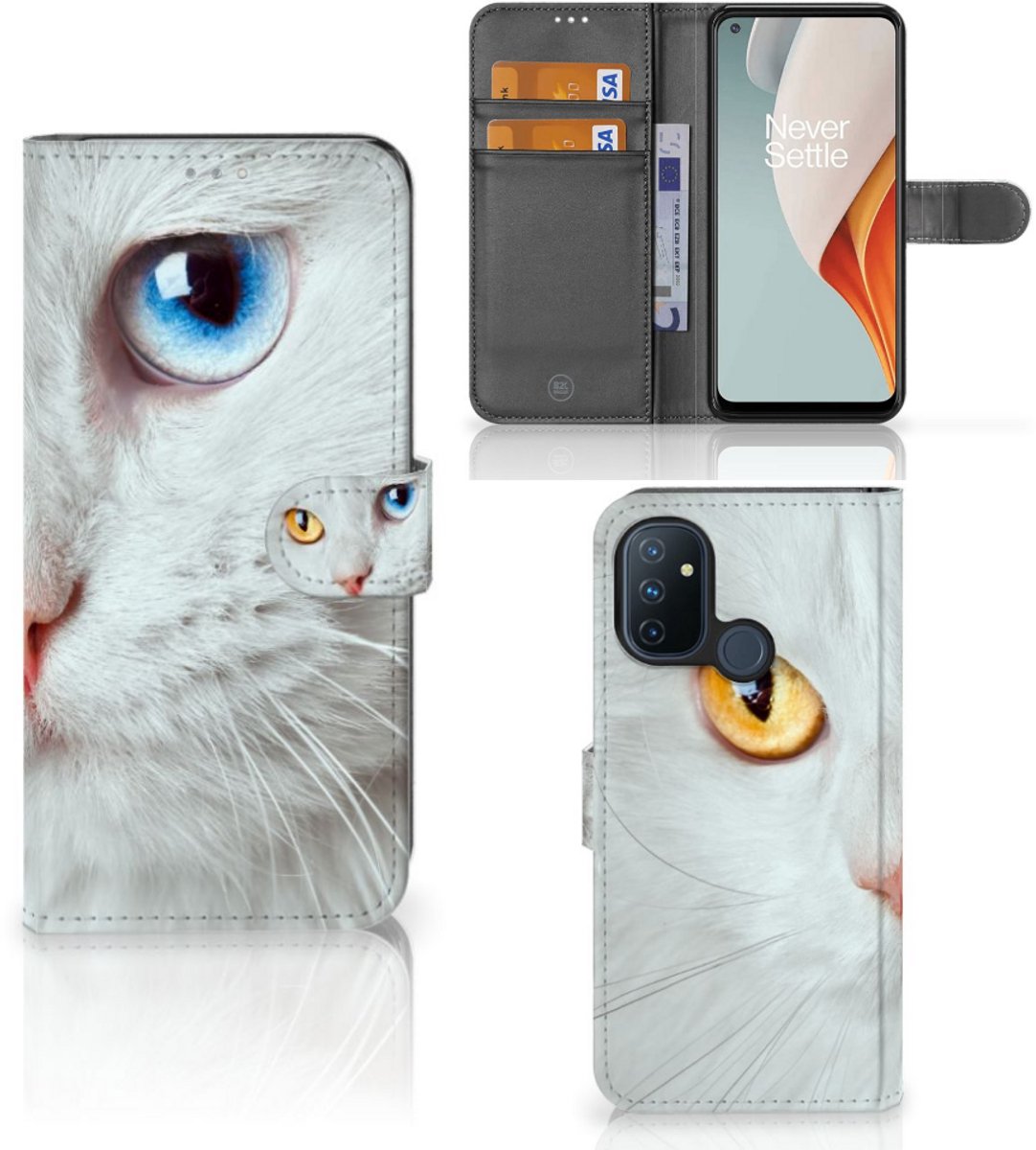 OnePlus Nord N100 Telefoonhoesje met Pasjes Witte Kat