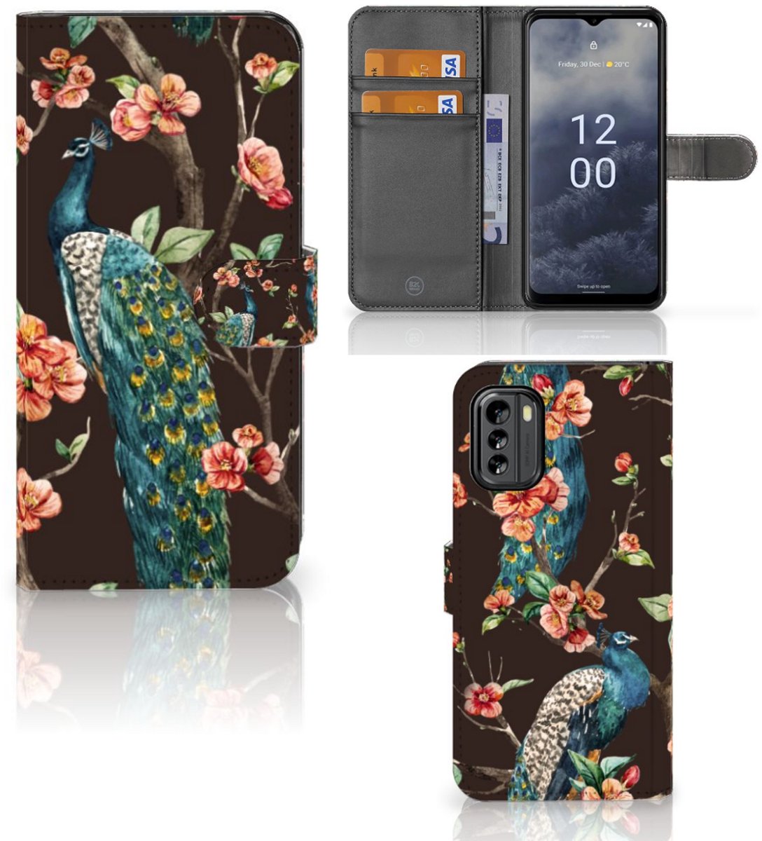 Nokia G60 Telefoonhoesje met Pasjes Pauw met Bloemen