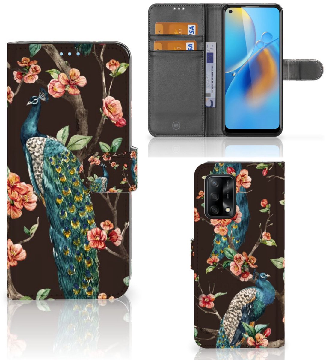 OPPO A74 4G Telefoonhoesje met Pasjes Pauw met Bloemen