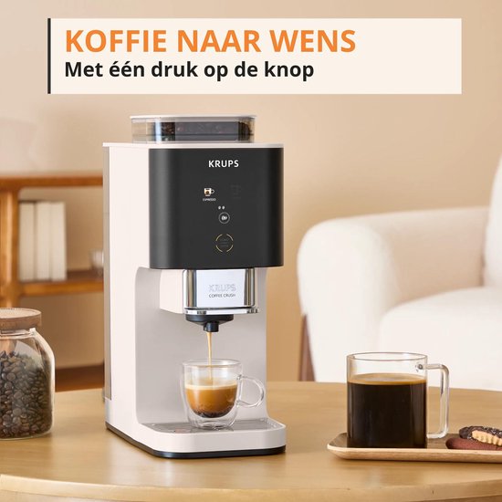 Witte Krups Coffee Crush machine zet espresso in een glas, met tekst "Koffie naar wens".