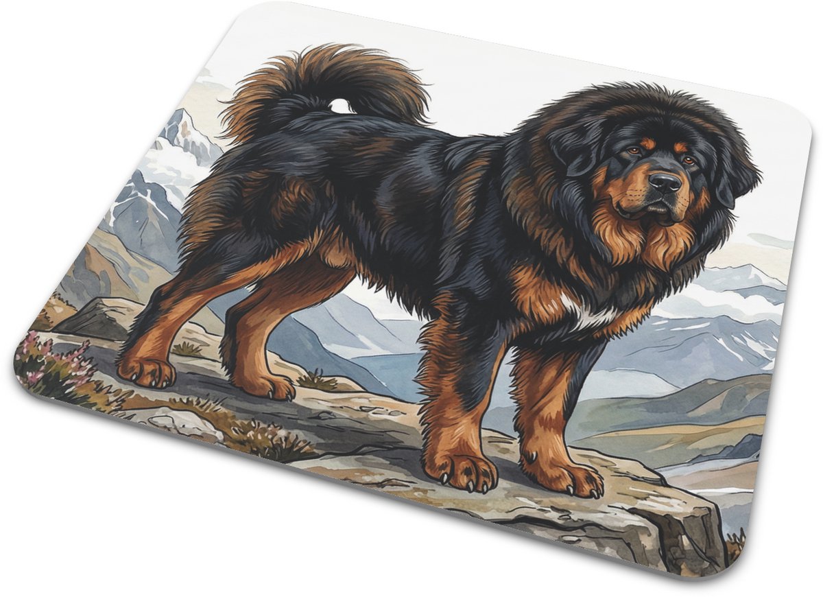 Muismat Honden Serie met majestueuze Tibetaanse mastiff of do-khyi - Stoere en schilderachtige honden illustratie bureau onderlegger - Stijlvol cadeau voor de dierenliefhebber of thuiswerkplek - 22x20 cm