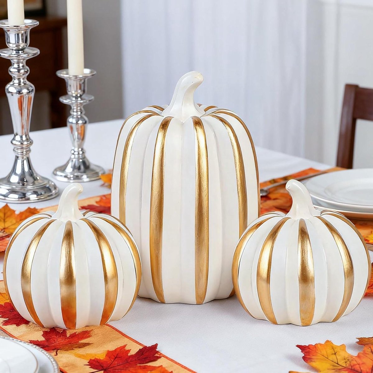 Fangoo Kunstmatige Witgouden Pompoenen Standbeelden Herfst Tafelblad Decoraties Indoor 3 P