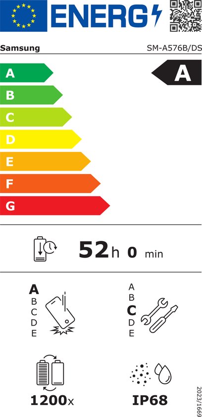 Energielabel A voor de Samsung Galaxy A57 5G smartphone met 52 uur batterijduur en IP68 rating.