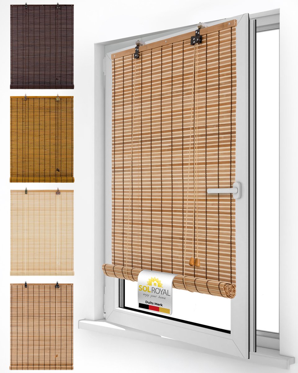 Sol Royal Bamboe Rolgordijn Zonder Boren 100x160 cm Teak – Houten Jaloezieën voor Binnen 100 cm Breed – Inkijkbescherming & Zonwering – BR7
