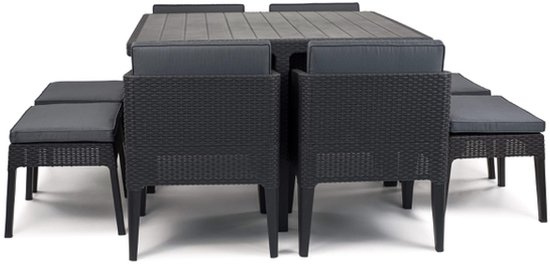 Zwarte tuinset met een rechthoekige tafel, vier stoelen en vier krukjes met donkergrijze kussens.
