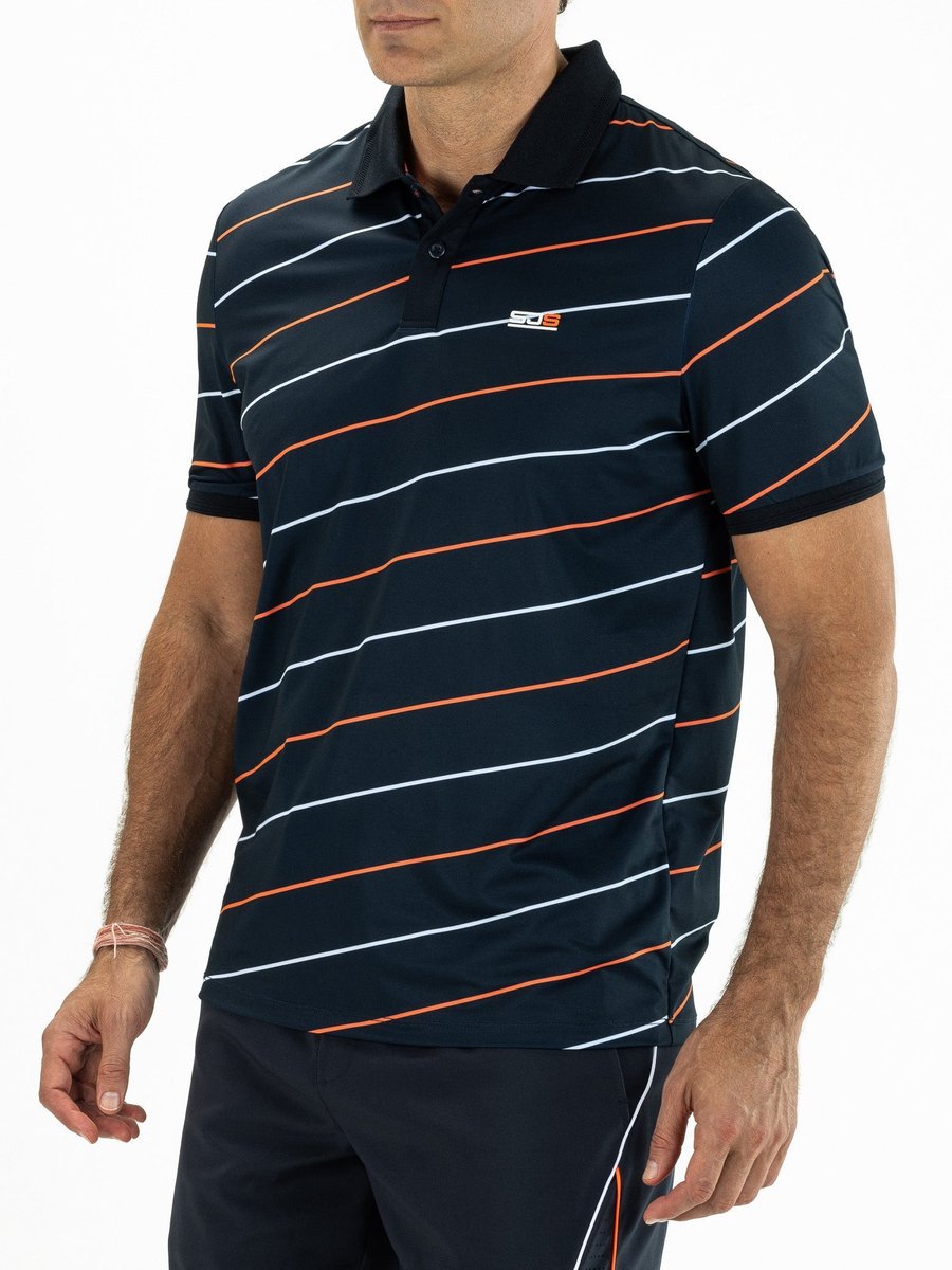 Sjeng Sports CONNOR Tennis Polo Heren Donkerblauw Oranje Wit Gestreept Single Jersey Perfect voor Tennis en Dagelijkse Garderobe