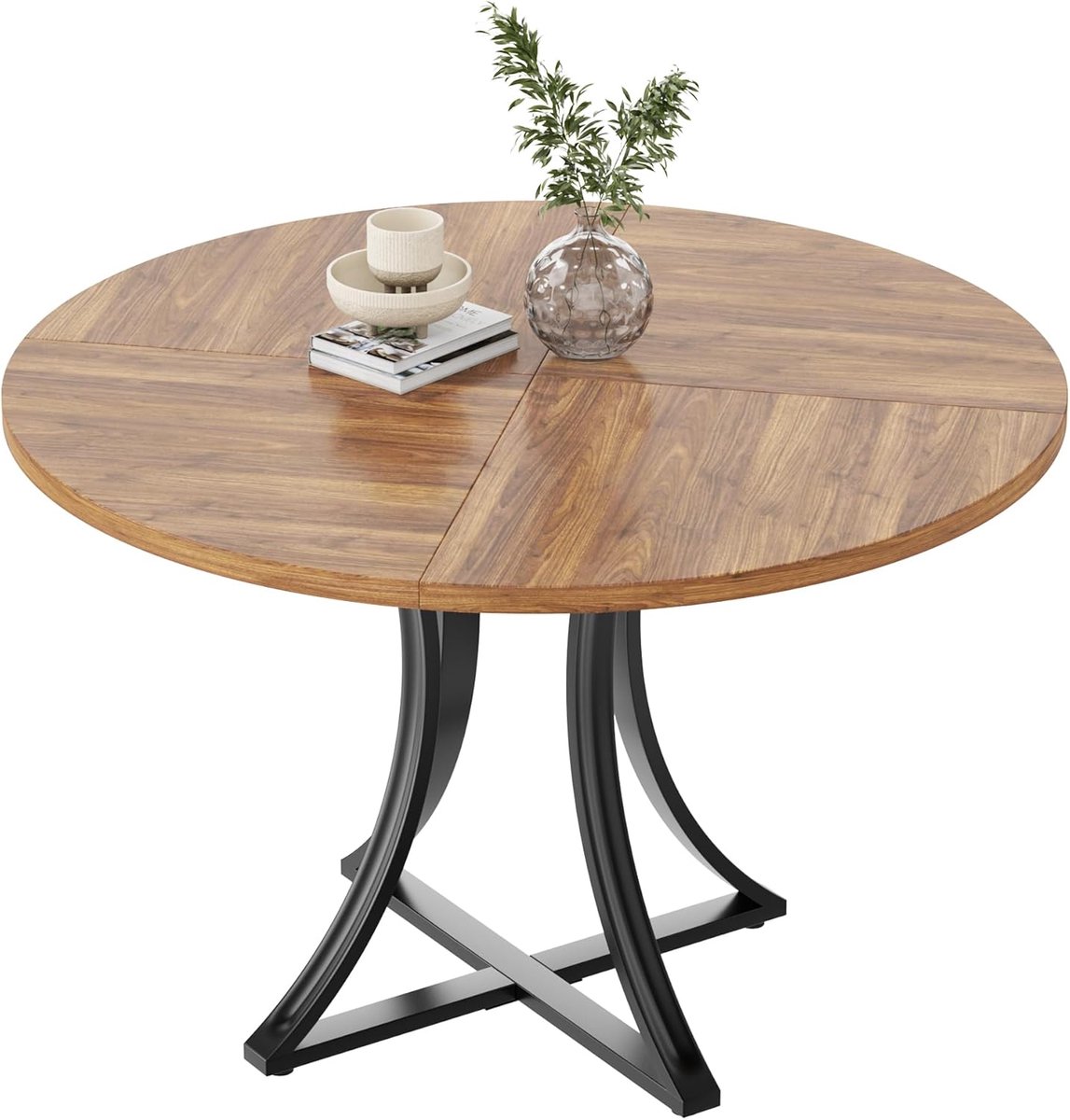Ronde Eettafel Ø 100 cm - Industrieel Design - Keukentafel voor 2 tot 4 Personen - Houtlook Tafelblad met Metalen Kruispoot - Bruin / Zwart