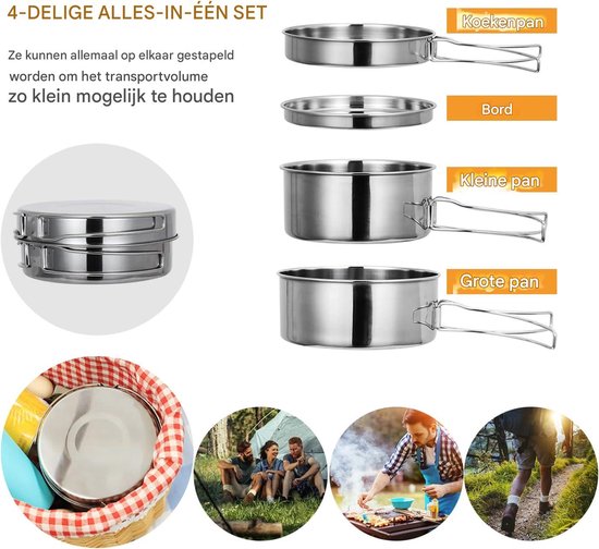 Camping Kookset - Kampeerkookset - Roestvrijstalen Kampeerpannenset - Ruimtebesparend Stapelbaar Ontwerp - 304 Roestvrij Staal Bpa Vrij - 4 Delige Set Met Pannen En Bord — afbeelding 2