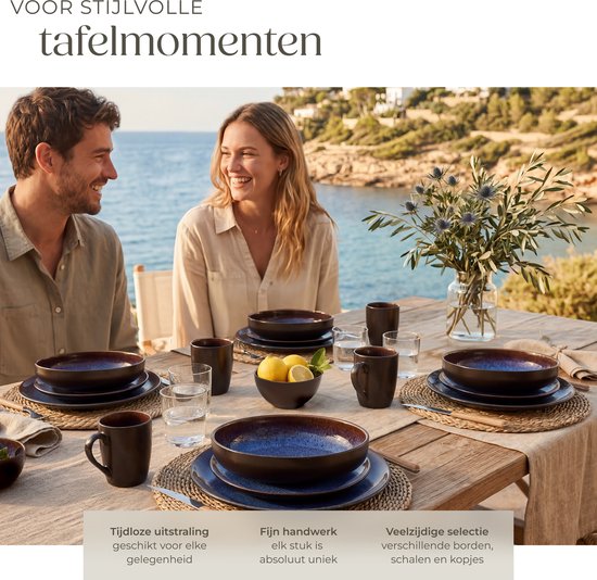 tectake® Serviesset Mare - 30-delig - Aardewerk met Glanzend Glazuur - 6 Persoons - Handgemaakt Servies - Moderne Bordenset met Grote en Kleine Borden, Kommen, Schaaltjes en Kopjes - Vaatwasser- en Magnetronbestendig - Blauw - Bruin — afbeelding 4