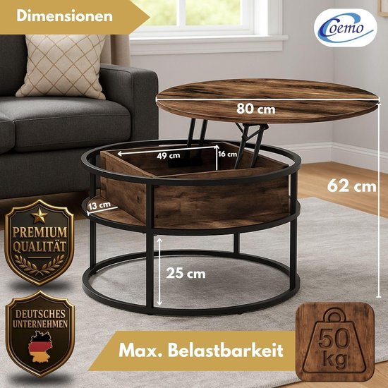 Coffee Table Swing Brown with Adjustable Table Top and Hidden Storage Compartment, Metal and Wood, Side Table for Living Room, Round Coffee Table with Storage Space, Metal Table, Modern, Disassembled — afbeelding 3