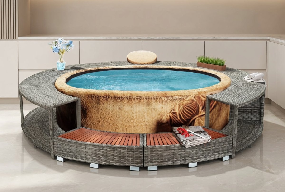 Ronde Luxe Whirlpool Rand – Poly Rattan Spa Omranding met Opbergruimte en Weerbestendig Eucalyptus Hout – Comfortabele Spa Accessoire – MedaHomeStore