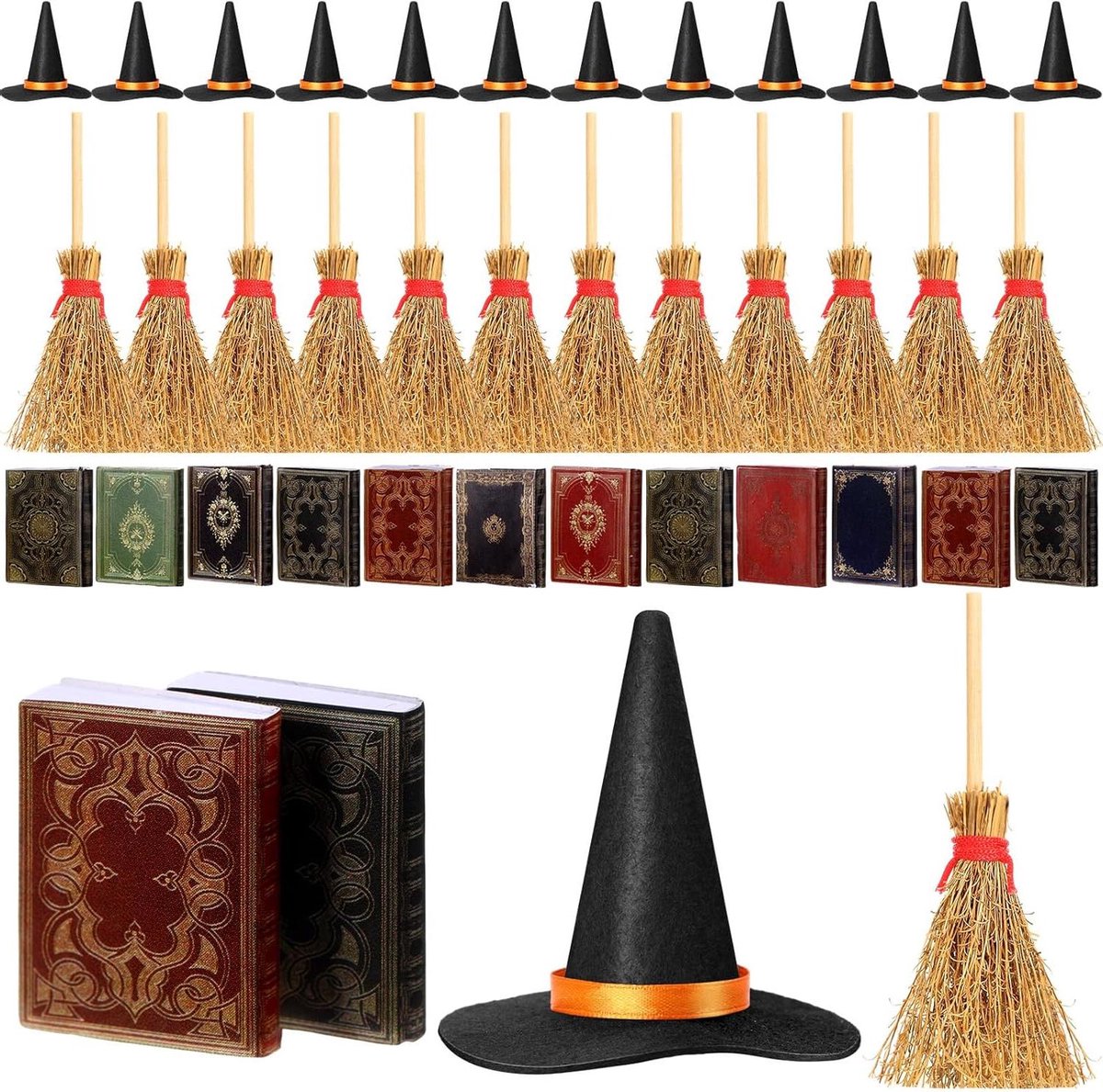 Mini Heksen Decoraties - Heksenaccessoires Set - Poppenhuis DIY - Vilt Heksenhoed Bezem Boek - 36 stuks - Multicolor