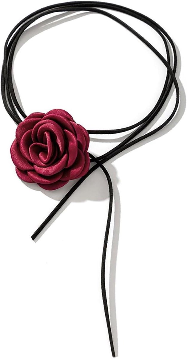 Choker Ketting Bloem - Halsketting Stof Rozen - Bruiloft Feest - Handgemaakt Met Liefde - 120 cm - Rood