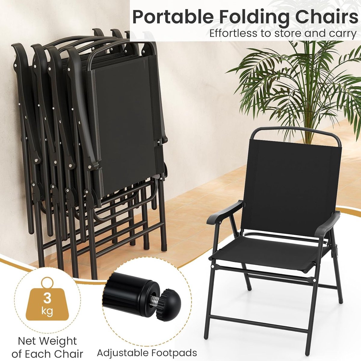 Royal Bistro Garden Dining Set - 6-Delig - Inclusief Parasol, Glazen Tafel & 4 Inklapbare Stoelen - Textilene & Gehard Glas - Zwart