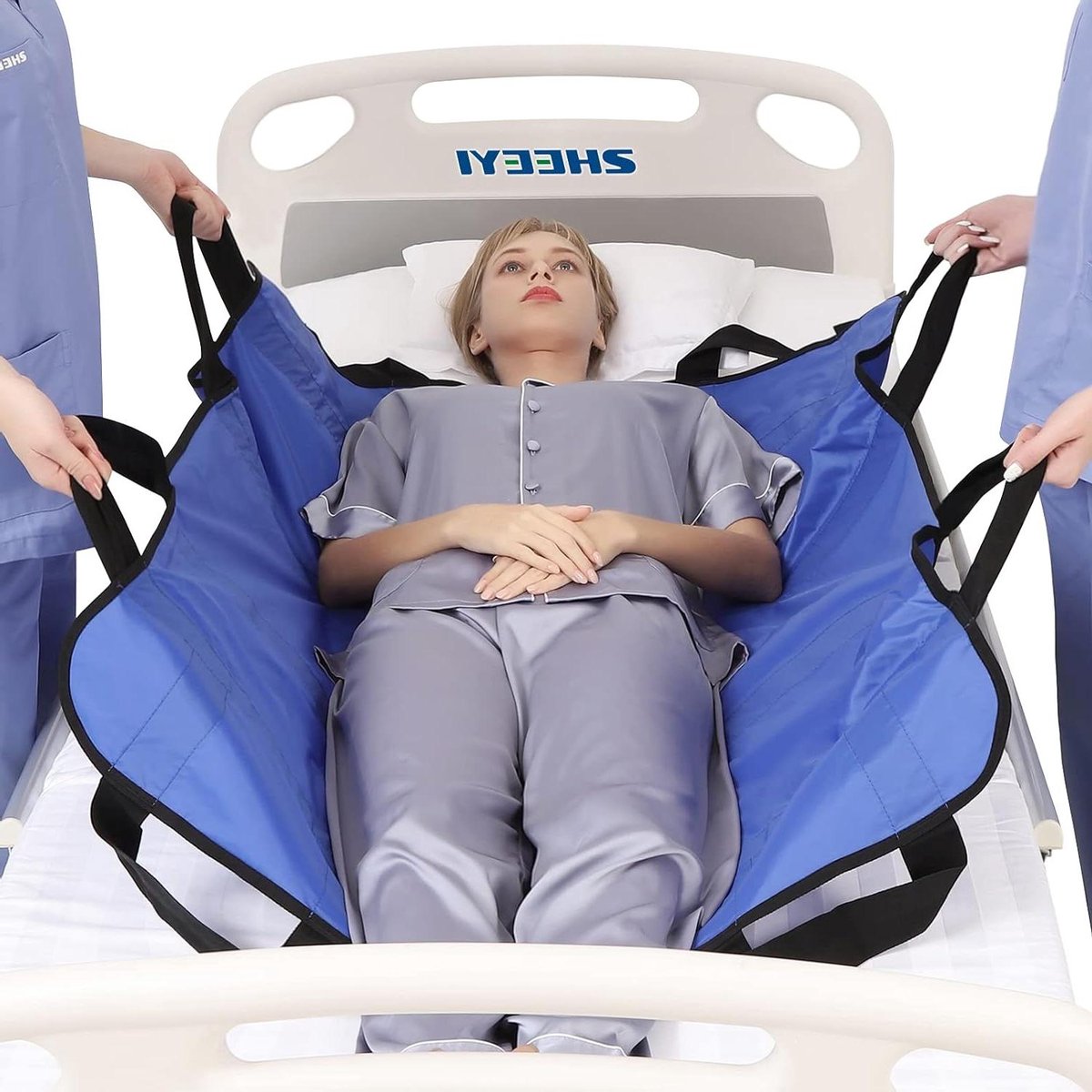 Positionering Bed Pad - Transfer Laken - Omdraaien Patiënt - Verstevigde Handvatten - 109 x 91 cm - Blauw