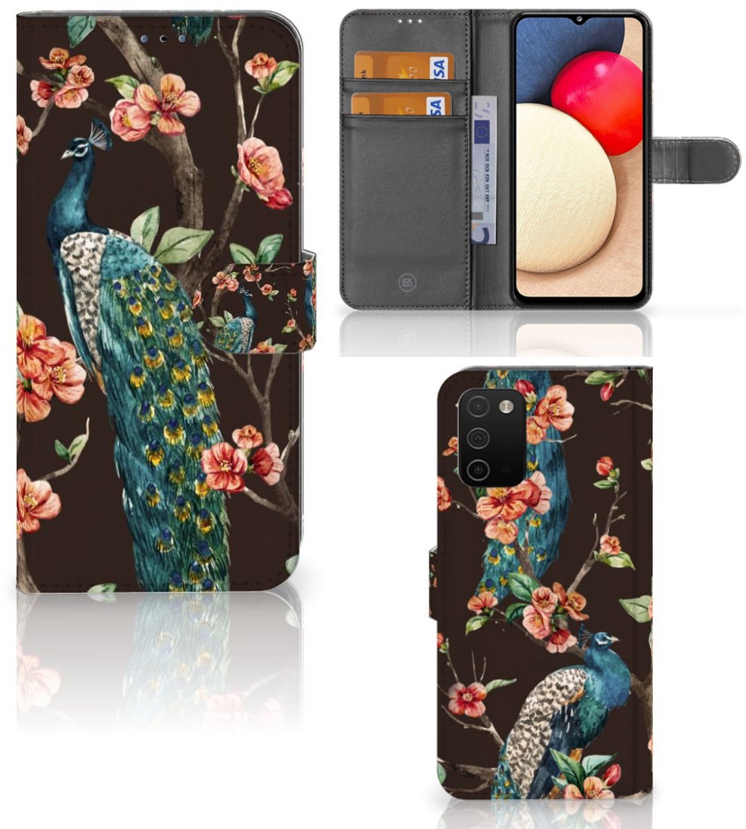 Samsung Galaxy A03s Telefoonhoesje met Pasjes Pauw met Bloemen