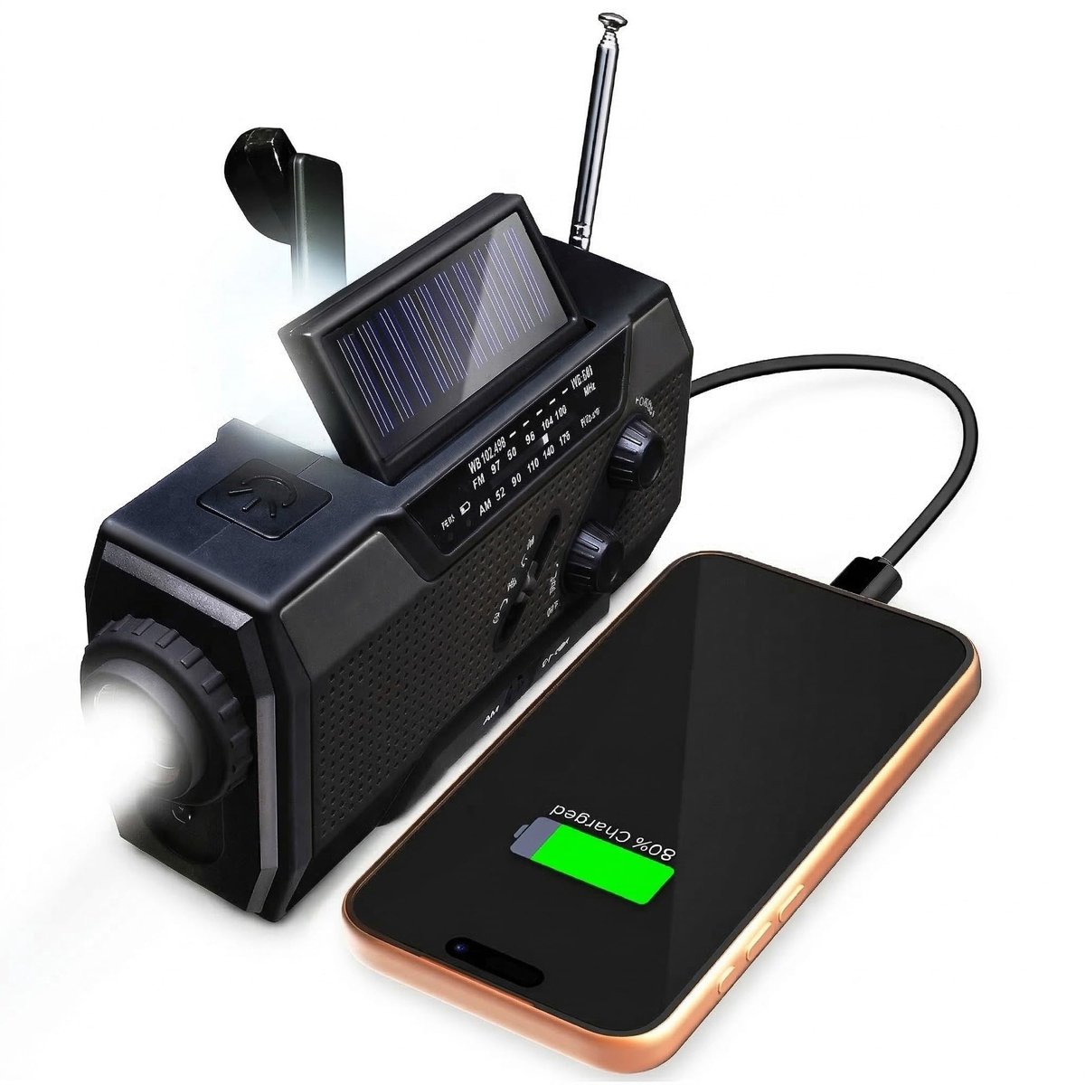 NOAA-noodweerradio – 7400 mAh draagbare powerbank – AM/FM – USB/zonne-energie/handmatig opladen – batterijvoeding – SOS-alarm en zaklamp voor binnen en buiten – zwart
