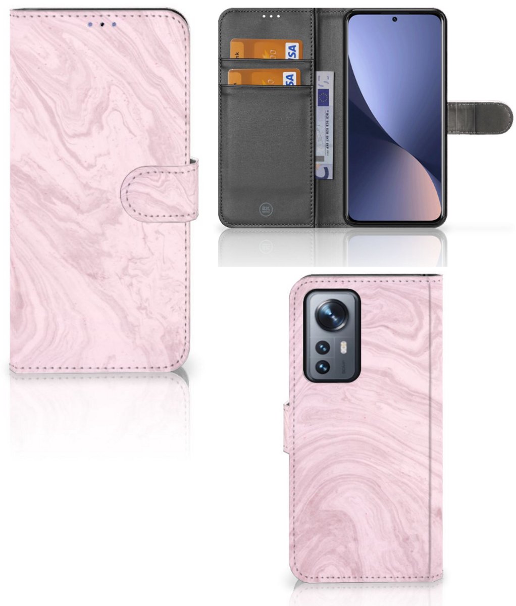 Xiaomi 12 Pro Bookcase Marble Pink - Origineel Cadeau Vriendin