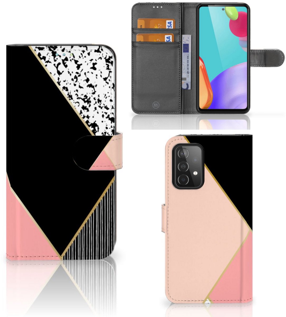 Samsung Galaxy A52 Book Case Zwart Roze Vormen
