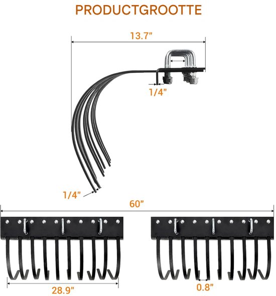 Stalen Rietjehark / Rotshark - Voor Tractor, ATV & UTV - Zware Uitvoering met 17 Vervangbare Tanden - 48 Inch, Grenen Frame van Merkloos	 — afbeelding 2