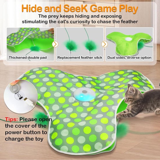 Groen speelkleed met stippen, dubbelzijdig en met veren voor katten. Met tekst 'Hide and Seek Game Play'.