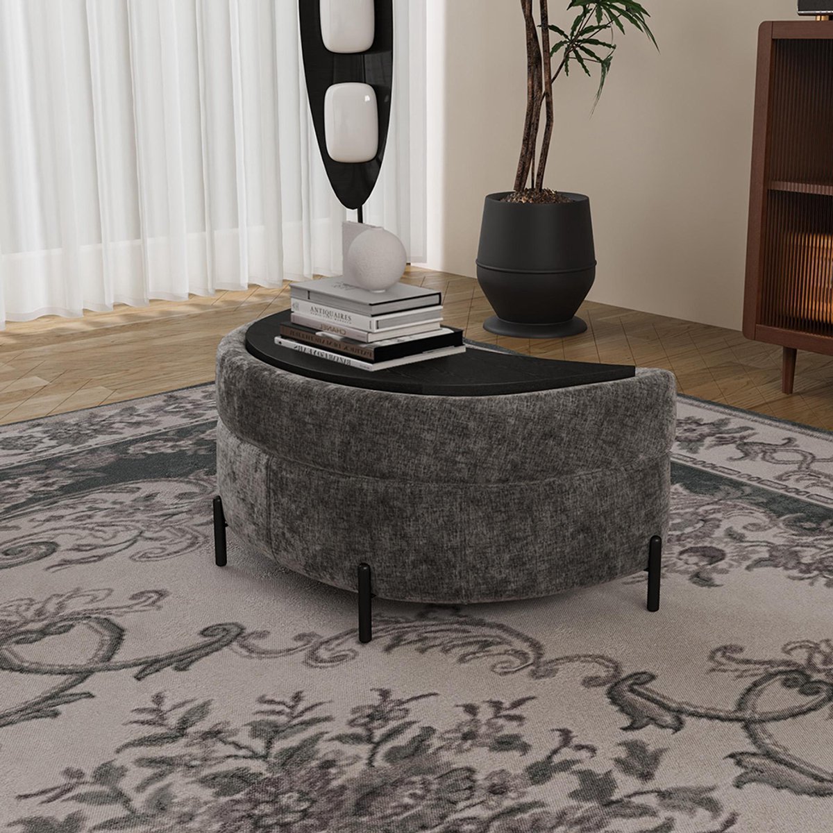 BLACKCOLORS Halvemaanvormige opbergpoef bekleed met chenille met blad, te gebruiken als bijzettafel, gestoffeerde zitplaats, kruk om je aan te kleden of je schoenen aan te trekken, en als voetenbank voor de woonkamer, de hal en de gang, grijs