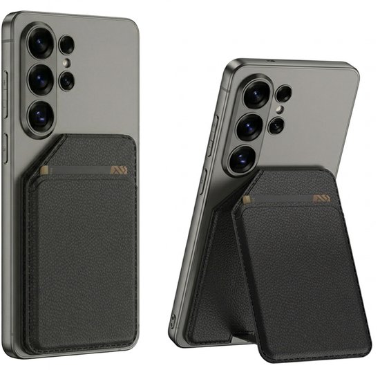 Samsung magnetische pasjeshouder met kickstand, ruimte voor 2-3 kaarten, passend onder camera, zwart kunstleer