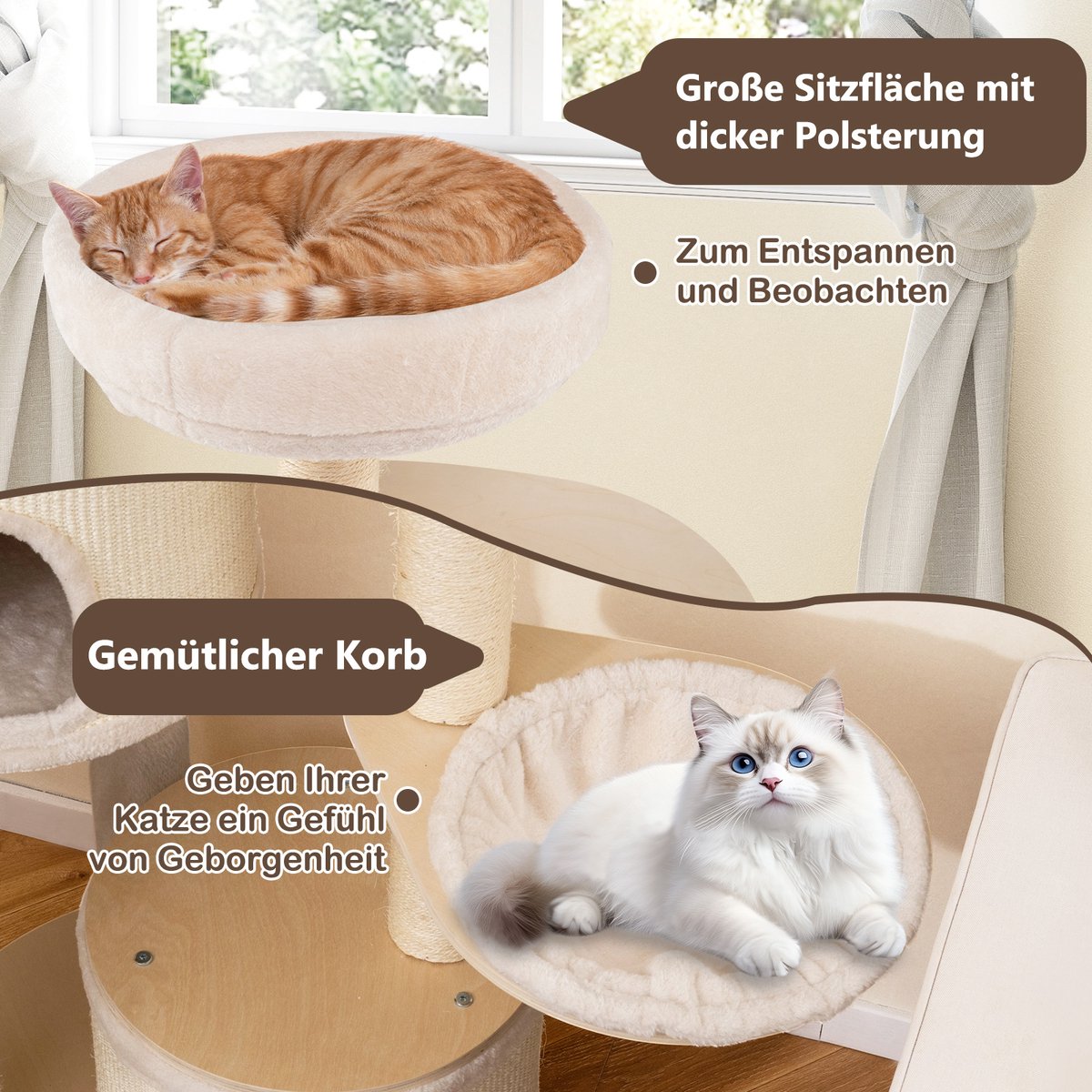 COSTWAY Krabpaal groot, kattenboom met 2 kattenholletjes, mand, sisal-krabpalen, speelbal & platform, kattenkrabpaal katten, kattenmeubel, klimboom, activiteitsboom, hout, natuur, 152 cm hoog – foto 7