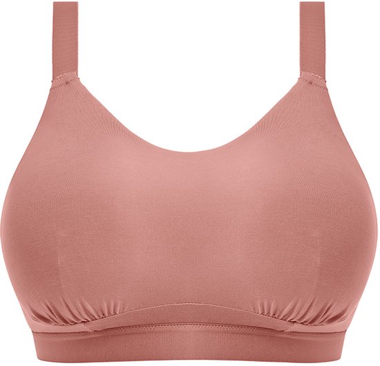 Een roze bralette met V-hals en gevormde cups, tegen een witte achtergrond.