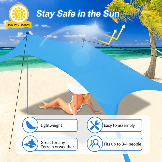 Strandluifeltent Zonnescherm met UPF 50+ UV-bescherming, strandtent zononderdak met zandzakken, palen en grondharingen en anti-windtouwen, outdoor pop-up tent voor strand, camping, achtertuin en picknicks — afbeelding 4