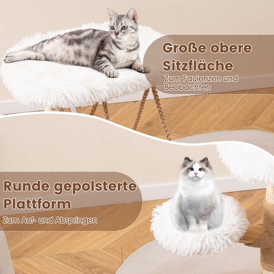 Kattenboom met bovenop een liggende grijze kat op een ronde witte zitting. Een witte kat zit in de hangende mand.
