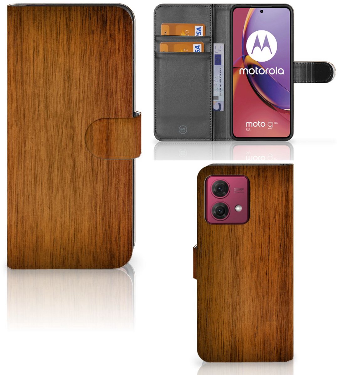 Motorola Moto G84 Book Style Case Donker Hout