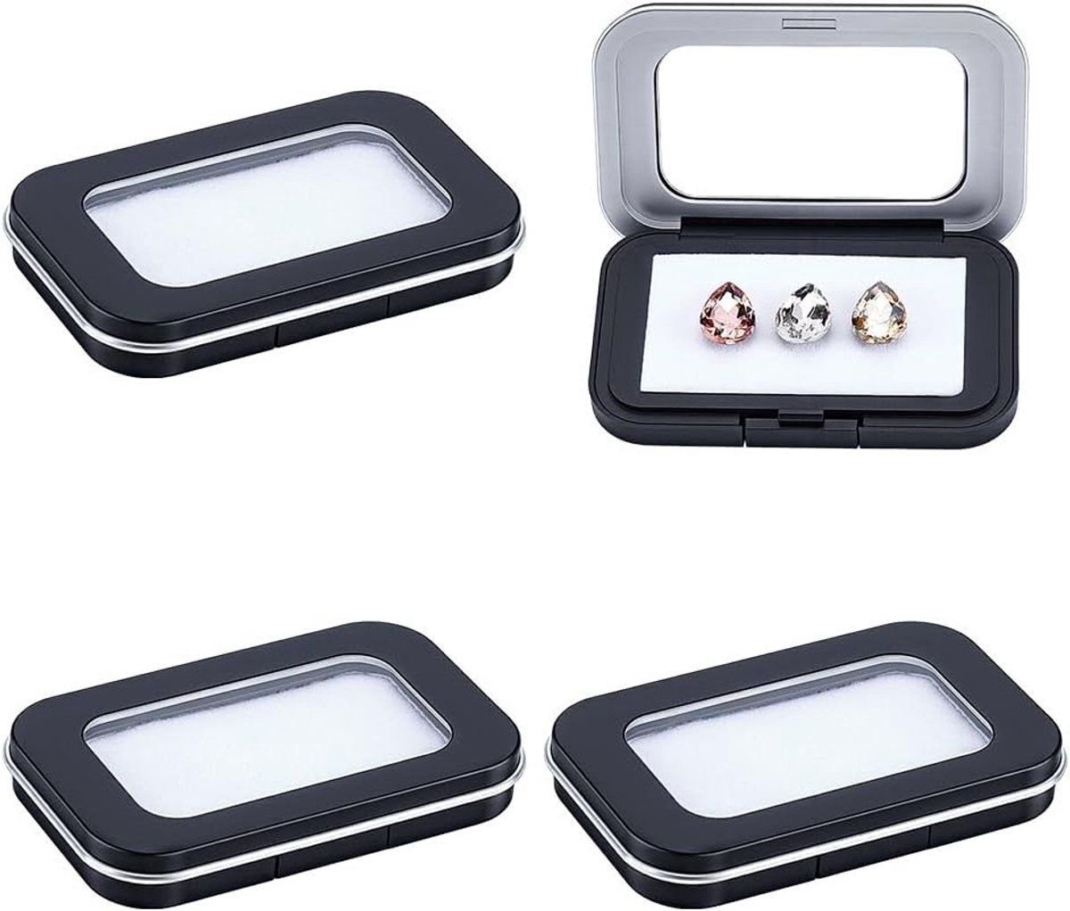 4-delige edelstenen displaybox, rechthoekige sieradenopslag met kijkvenster, 8 x 5 x 1 cm, ideaal voor edelstenen, juwelen en kristallen accessoires, wit