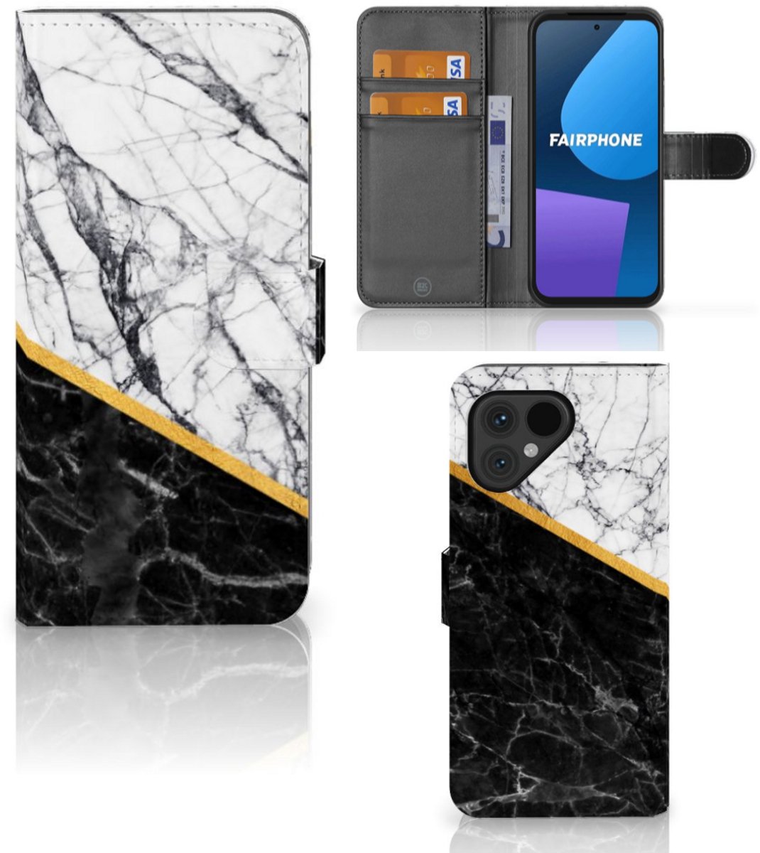 Fairphone 5 Bookcase Marmer Wit Zwart - Origineel Cadeau Man