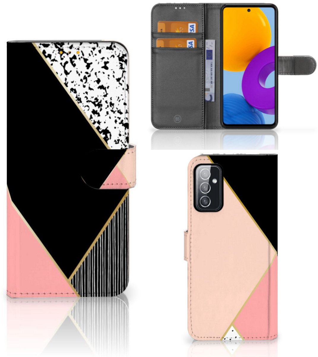 Samsung Galaxy M52 Book Case Zwart Roze Vormen