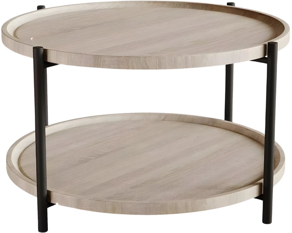 Happiq Ronde Salontafel 2-Laags - Voor Woonkamer & Slaapkamer - Landelijke Bijzettafel voor Kleine Ruimtes - Houten Blad met Metalen Frame - Nature Beige