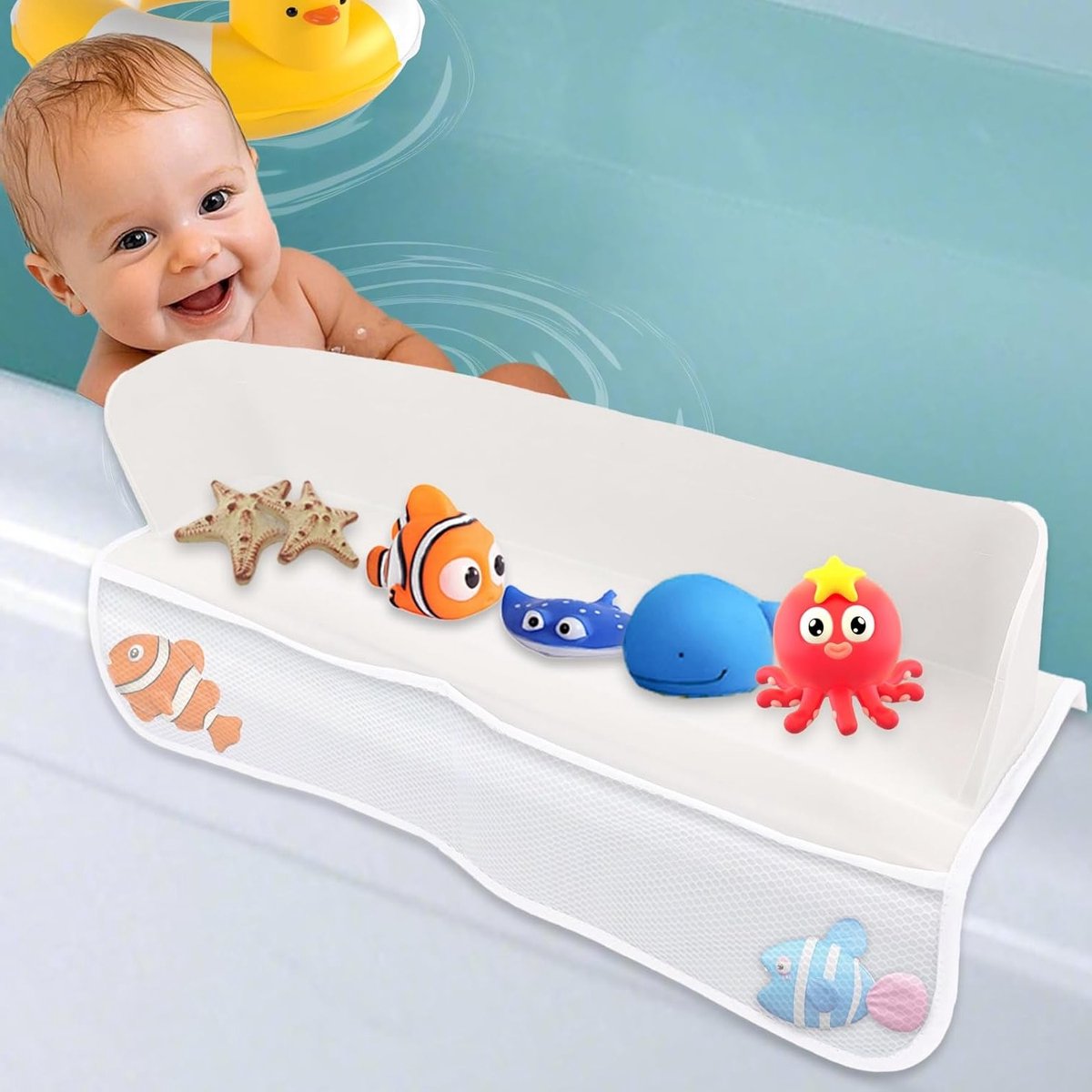 Splash Guard voor Badkuip, Speelbord voor Kinderen, Silicone Badkuip Accessoires met Zuignappen en 4 Opbergvakken voor Peuters en Baby's