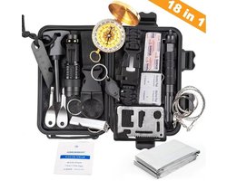 Outdoor Survival Kit – 18-in-1 Noodpakket voor Kamperen & Wandelen – EHBO Set & Multitool Accessoires – Compact Opbergbox – Zwart