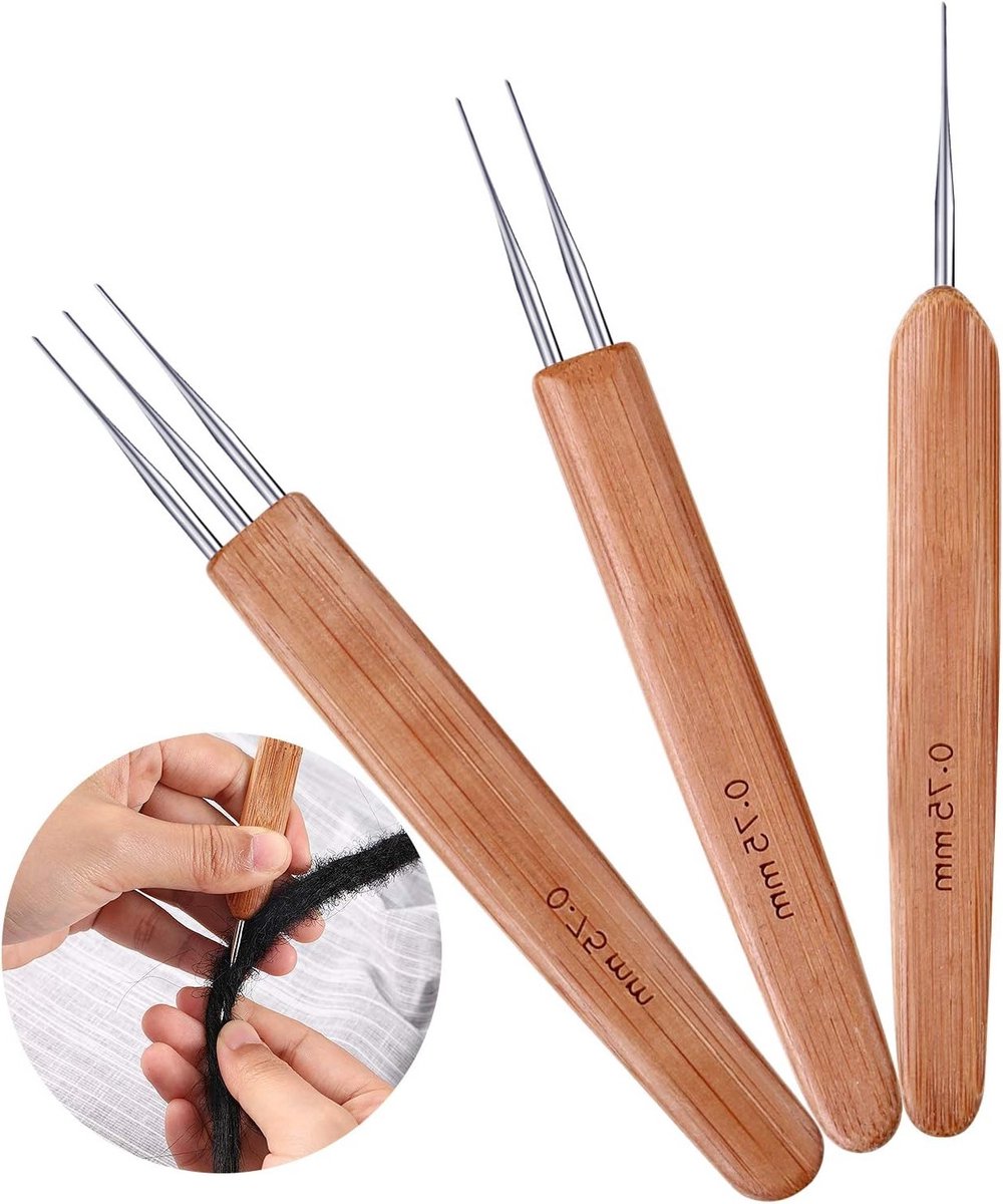 3 Stuks Dreadlock Haakset - 0.75mm Bamboo Naald voor Dreadlocks Weven, Inclusief 1, 2 en 3 Haken voor Dreadlock Benodigdheden