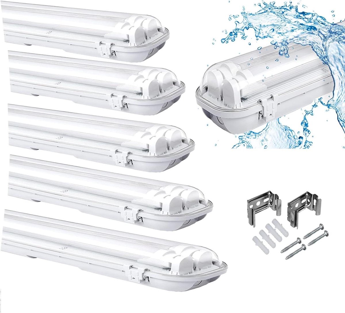Ikodm Led-lamp voor vochtige ruimtes, 18 W, 120 cm, 6000 K, koudwit, 3060 lm, dubbele T8-ledbuis, IP65 TL-lamp, badlamp, garagelampen, bureauplafondlamp, tuinlamp, 6 stuks