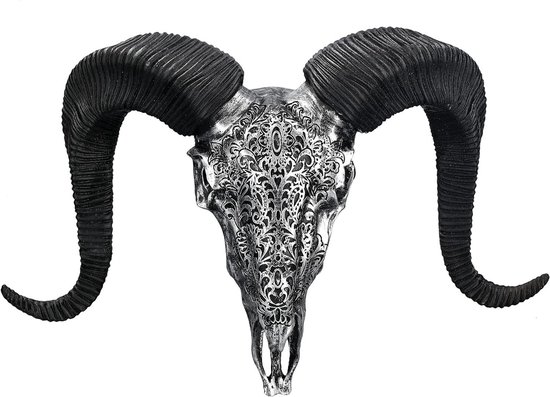 Pacific Giftware Wandreliëf - Ram schedel met versieringen zilver doodskop met hoorns