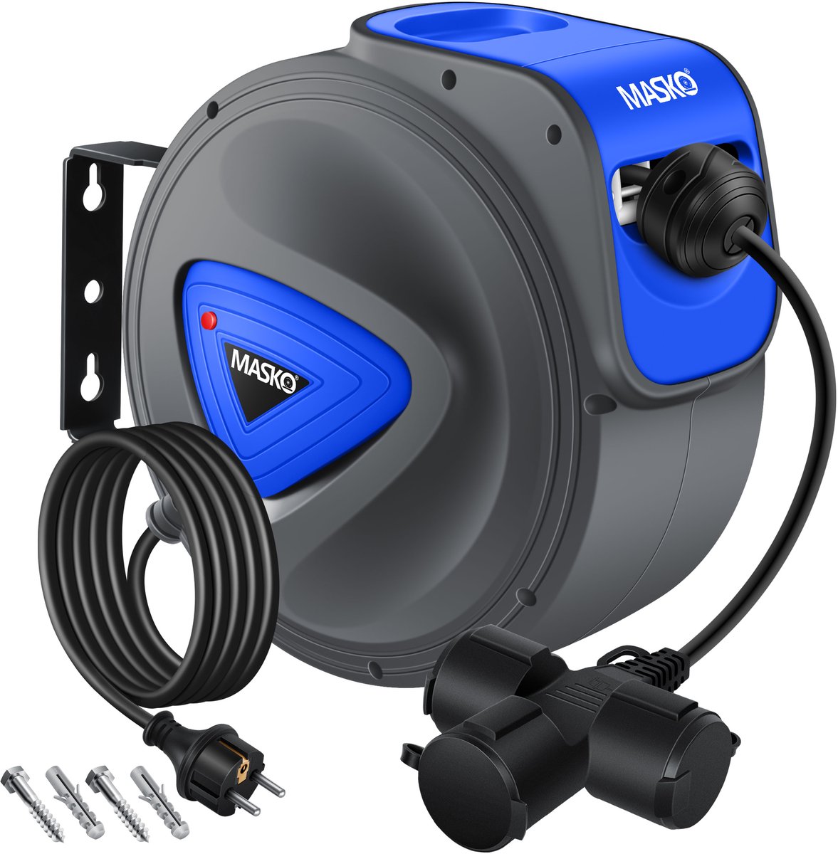 MASKO® Kabelhaspel 10 meter automatisch voor buiten met 3 stopcontacten Wandmontage 1,5m Aansluitkabel Inclusief Handschoenen - Blauw
